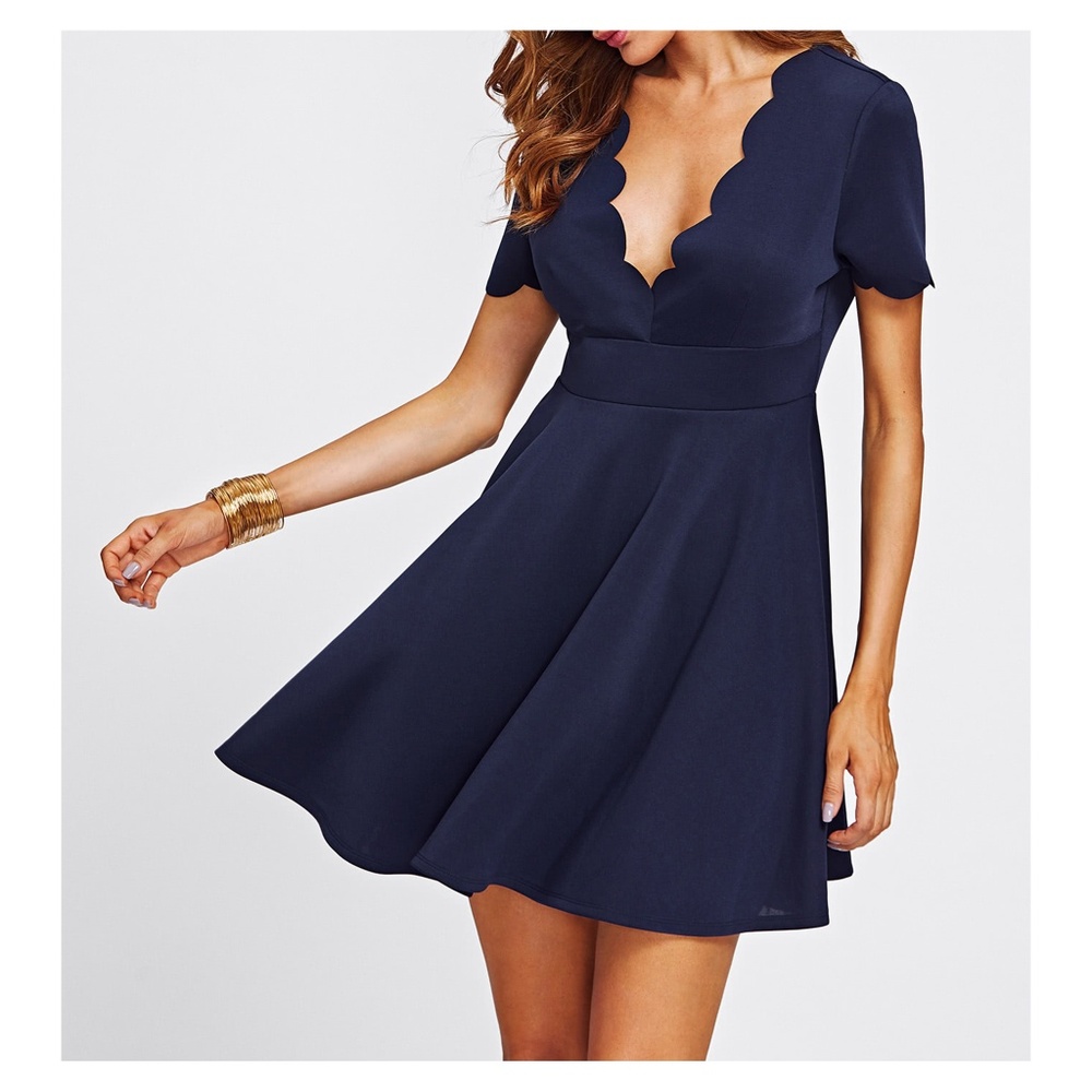 Navy Blue V Neck Scallops Fit & Flare Dress - Picture 3 of 7